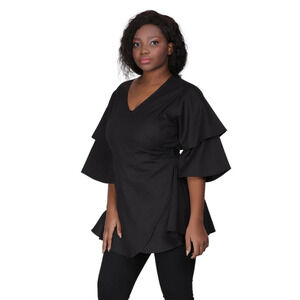 Advance Apparels Size Medium Large Tiered Sleeve Belted Wrap Top Black Cotton